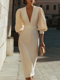 Deep V Pleated Puff Sleeve Midi Dress