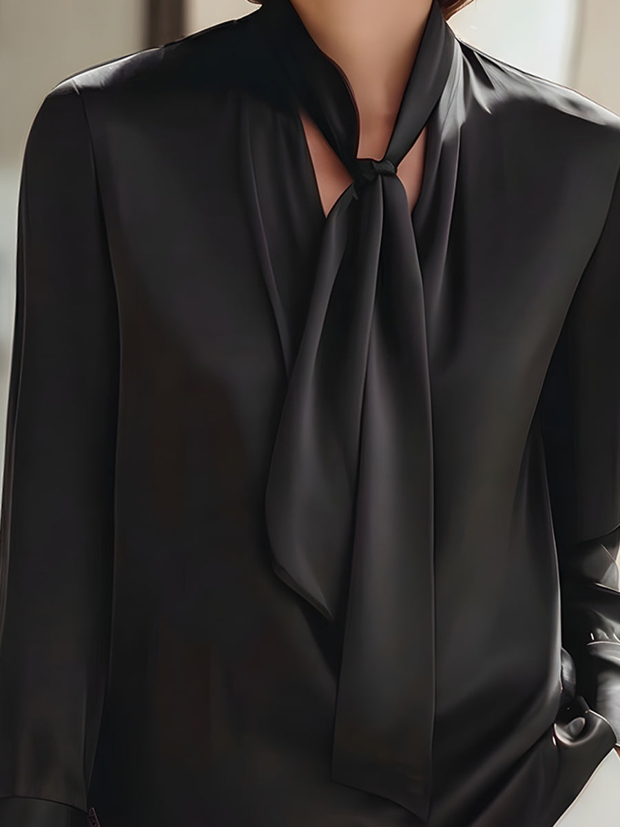 Elegant Black Tie-Neck Satin Blouse
