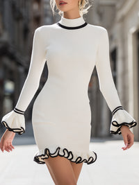 White Knit Dress With Black Ruffle Trim