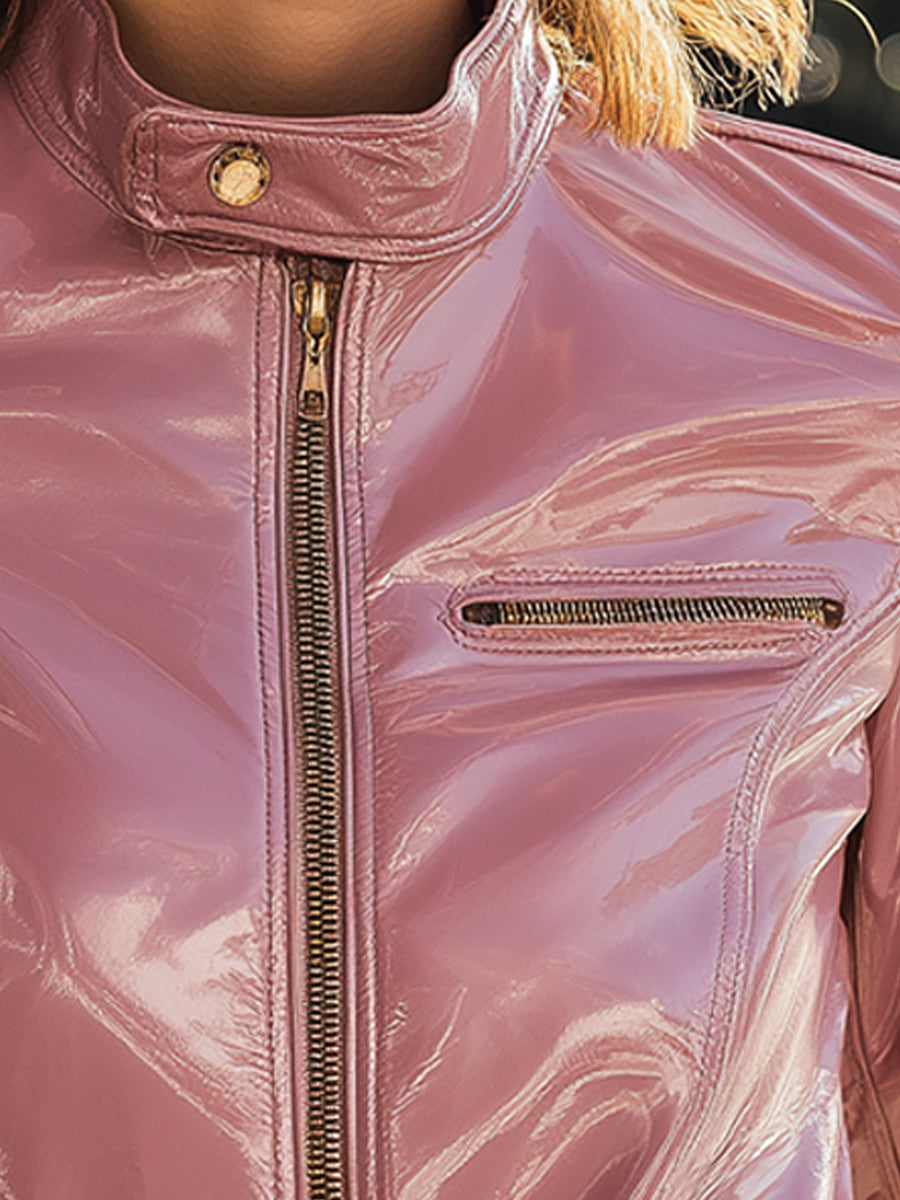 Blush Patent Faux Leather Moto Jacket
