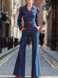 Dark Denim Tailored Jumpsuit With Red Accents