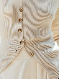 Cream Ribbed Knit Buttoned Turtleneck Top