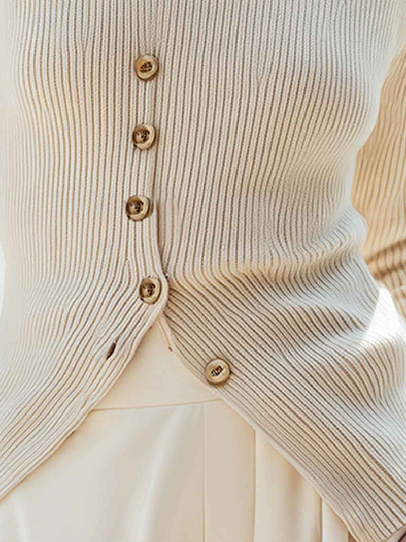 Cream Ribbed Knit Buttoned Turtleneck Top