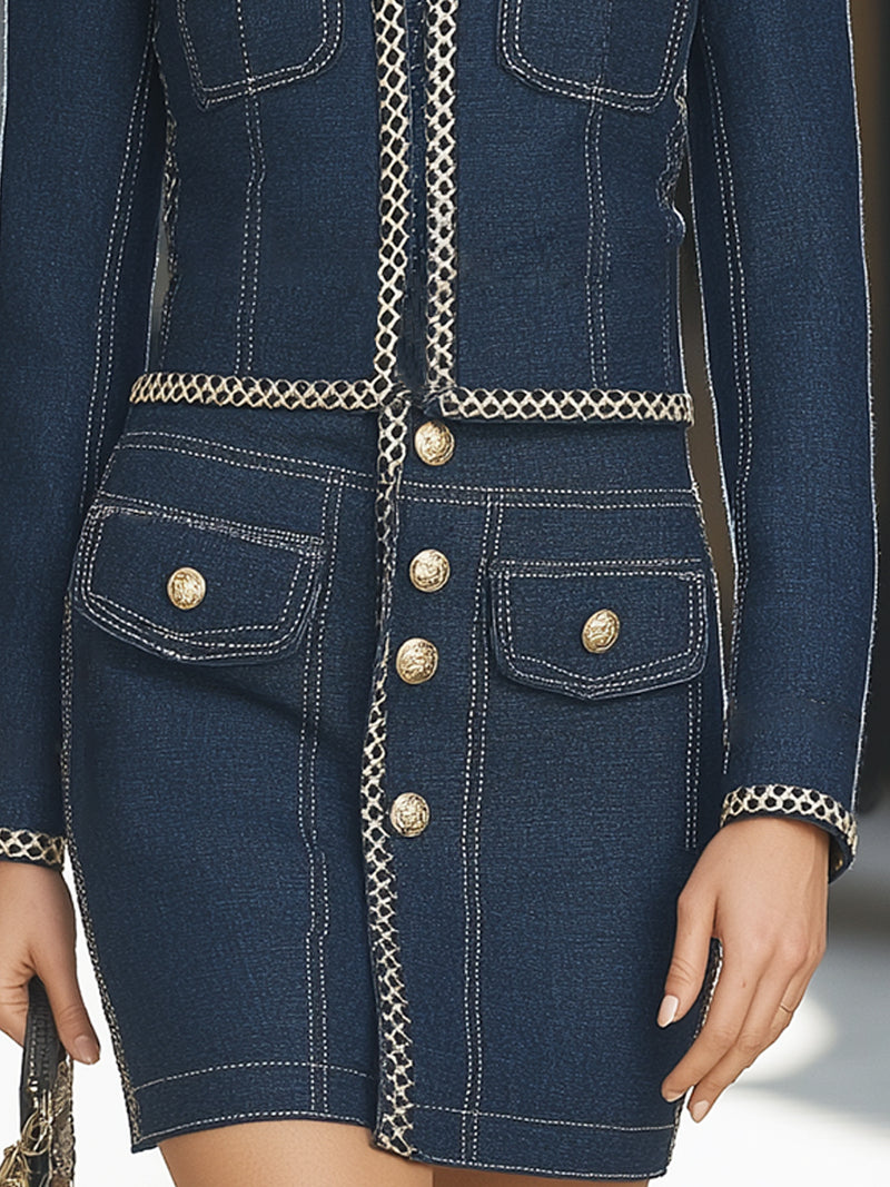 Denim-Effect Tailored Blazer And Skirt Set With Gold Button Detailing