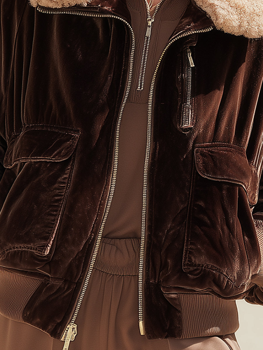 Chocolate Velvet Aviator Jacket With Faux Shearling Collar
