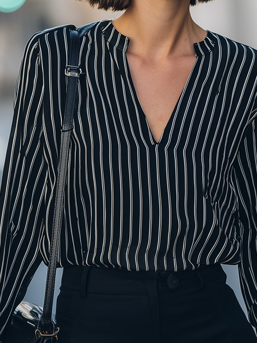 Vertical Stripe V-Neck Blouse