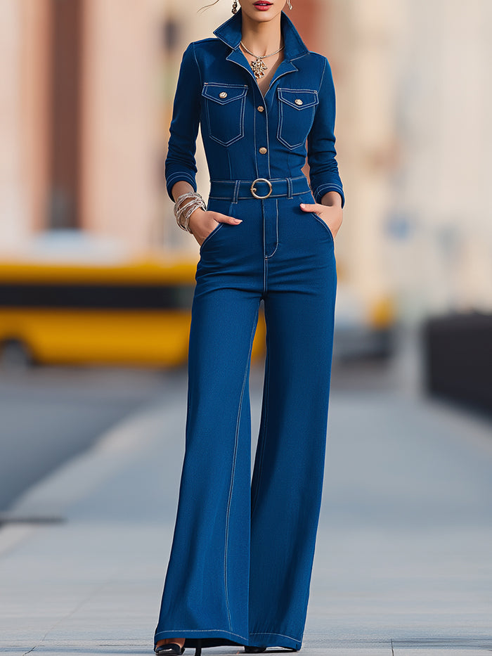 Elegant Indigo Belted Denim Jumpsuit