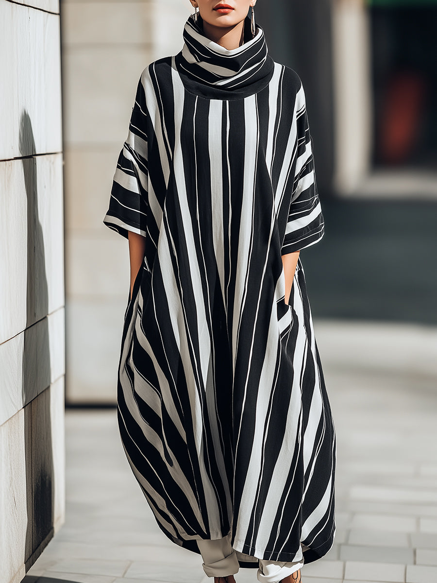 Vertical Stripe Button-Front Ribbed Knit Midi Dress