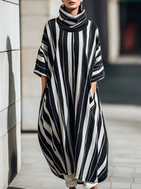 Vertical Stripe Button-Front Ribbed Knit Midi Dress