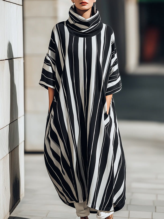 Vertical Stripe Button-Front Ribbed Knit Midi Dress