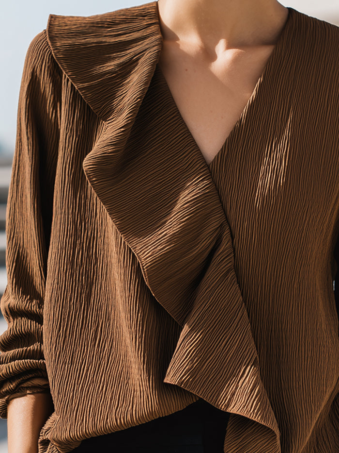 Textured Ruffle Front V-Neck Blouse