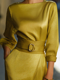 Golden Textured Belted Midi Dress