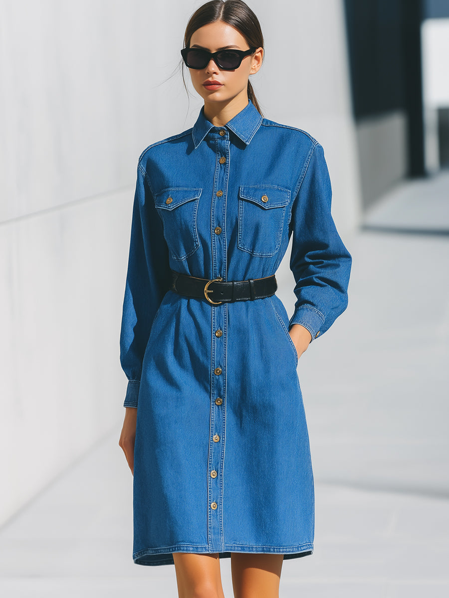 Denim Shirt Dress With Belted Waist In Classic Blue