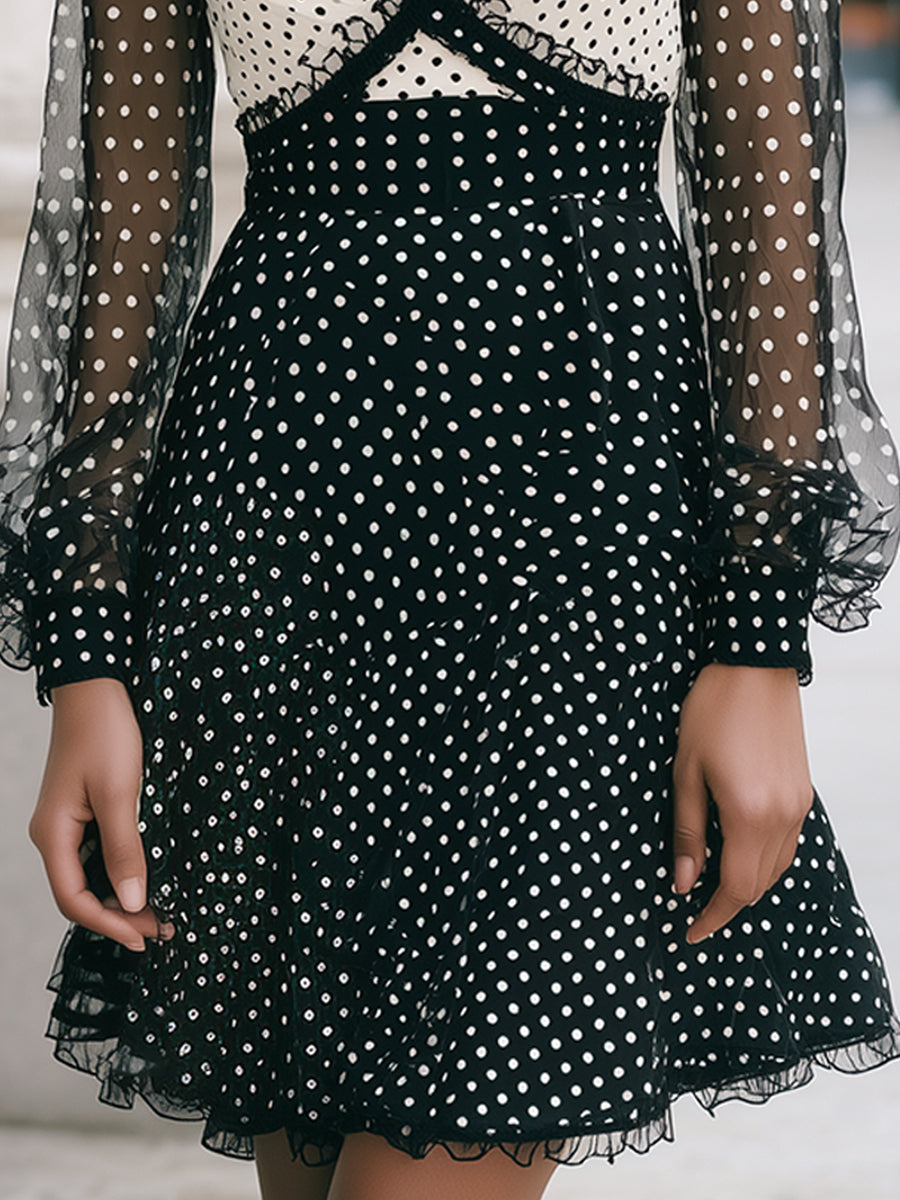 Two-Tone Polka Dot Lace-Trim Chiffon Dress