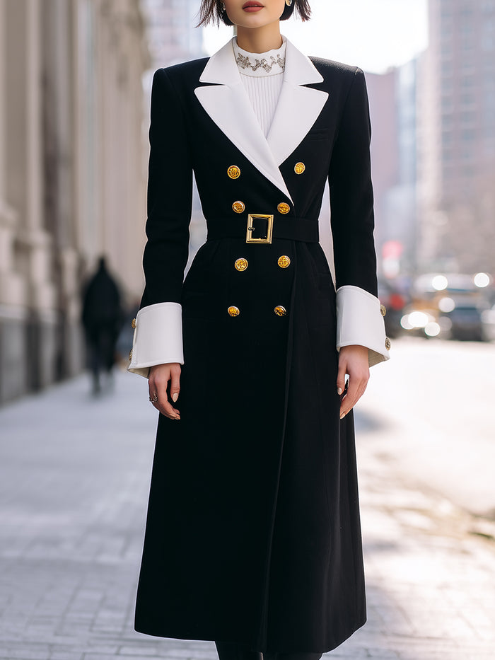 Elegant Black And White Contrast Longline Blazer Coat