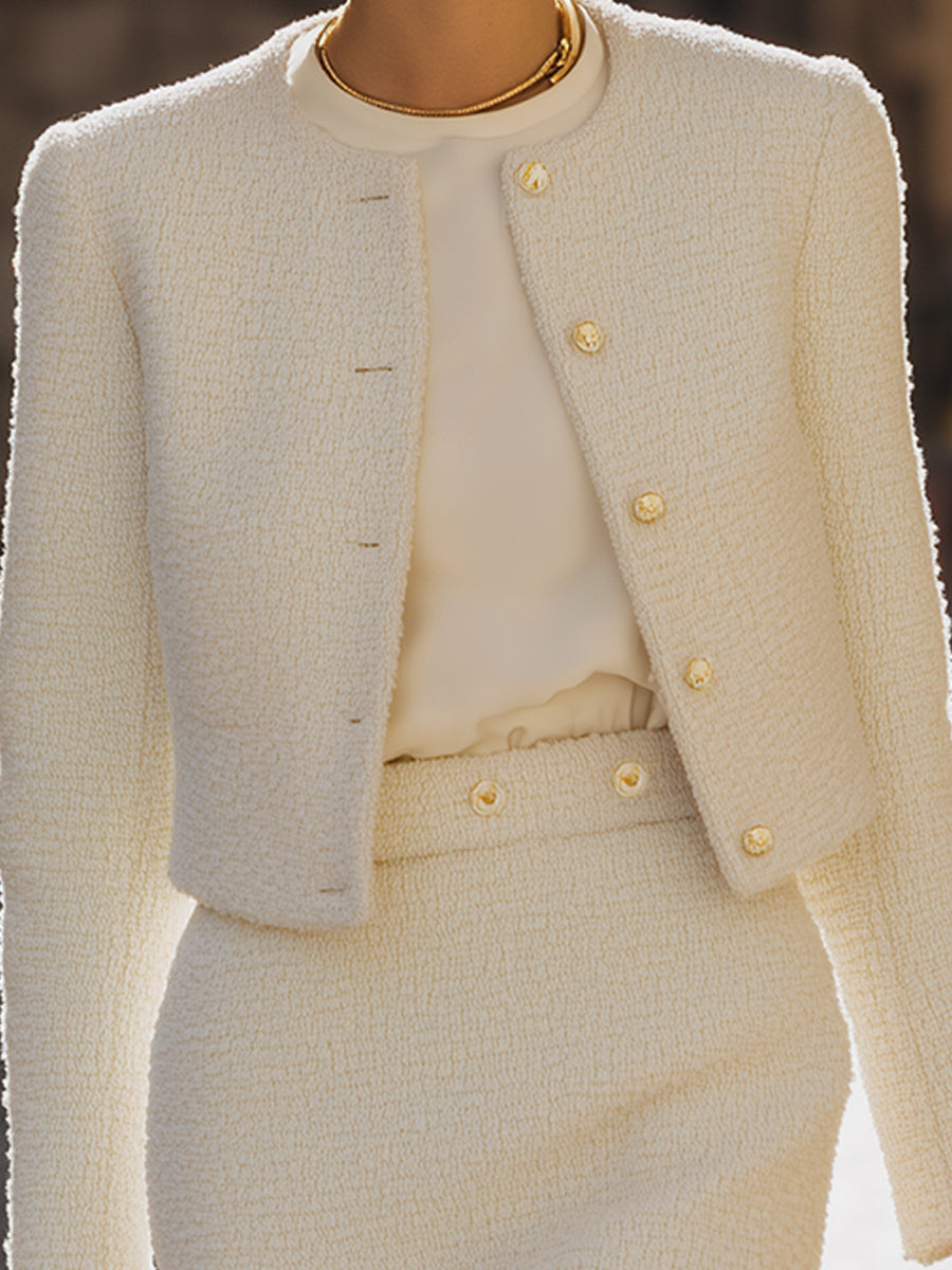 Ivory Textured Tweed Skirt Suit Set