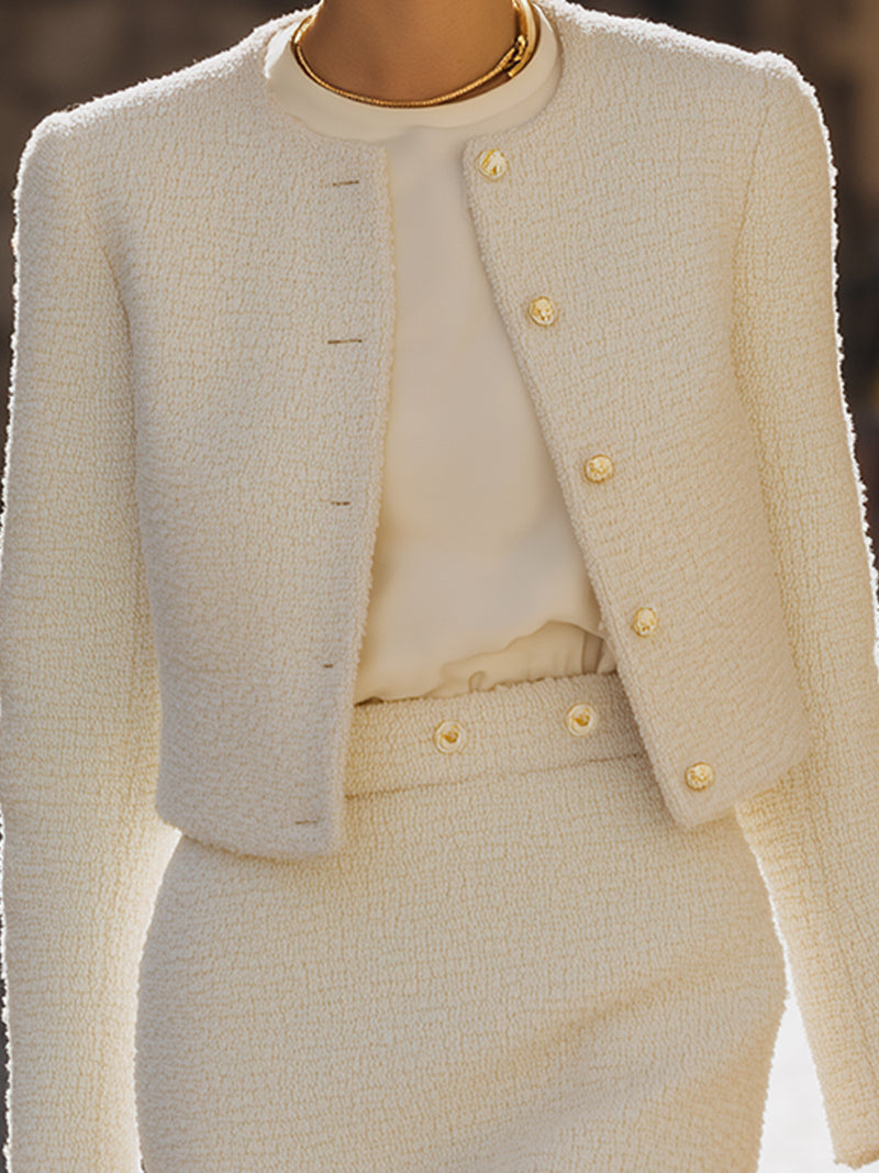 Ivory Textured Tweed Skirt Suit Set
