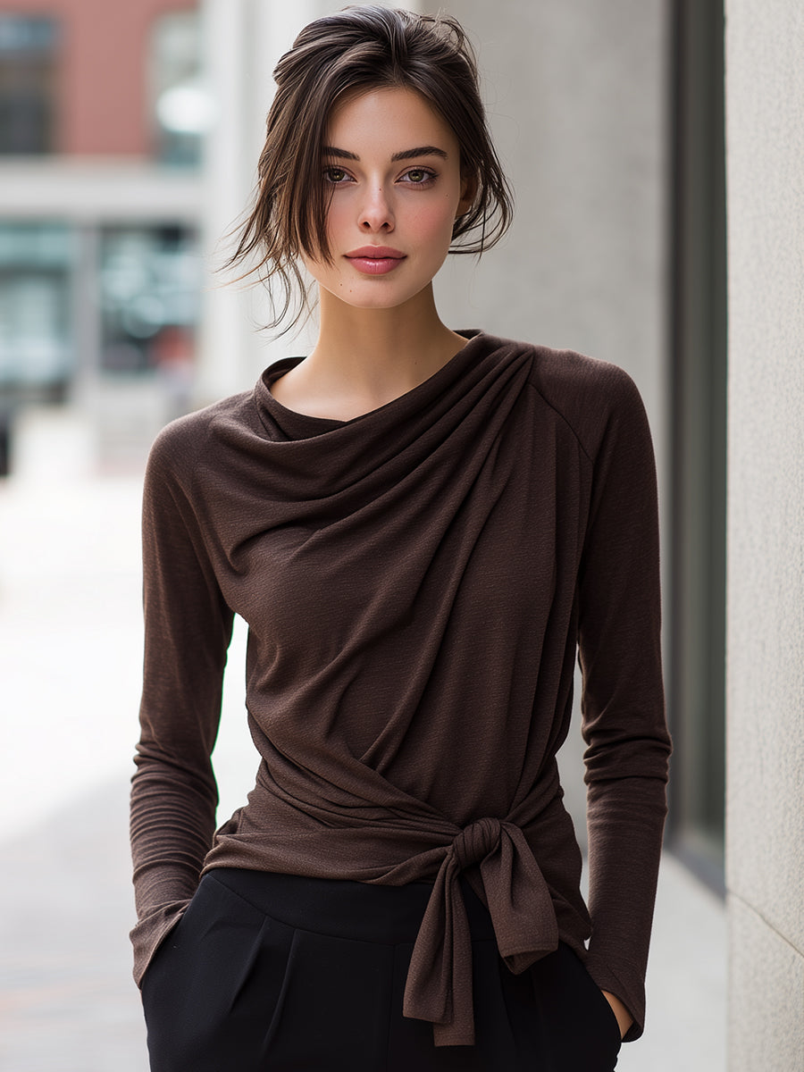 Draped Chocolate Brown Knot-Front Top