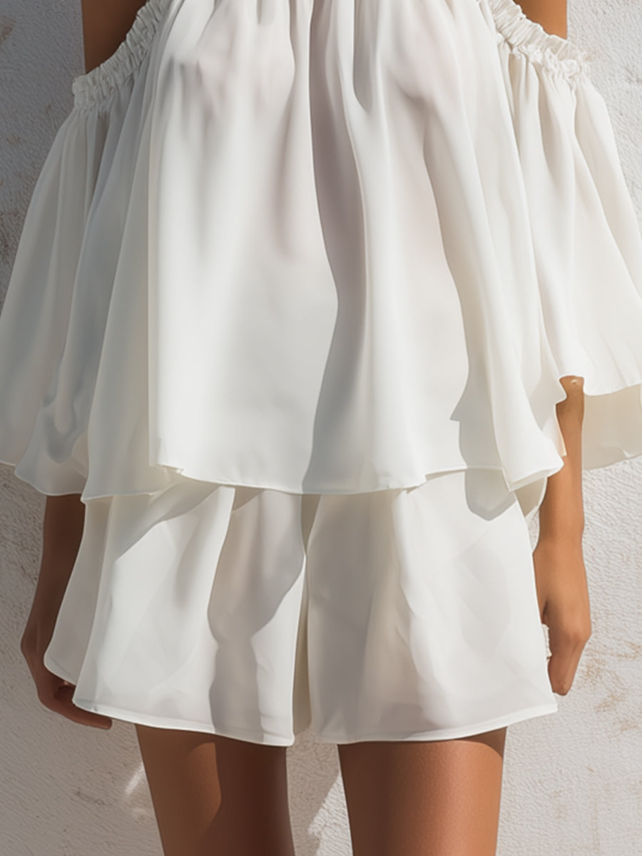 Ruffled Cold-Shoulder Blouse & Flowing Shorts Set