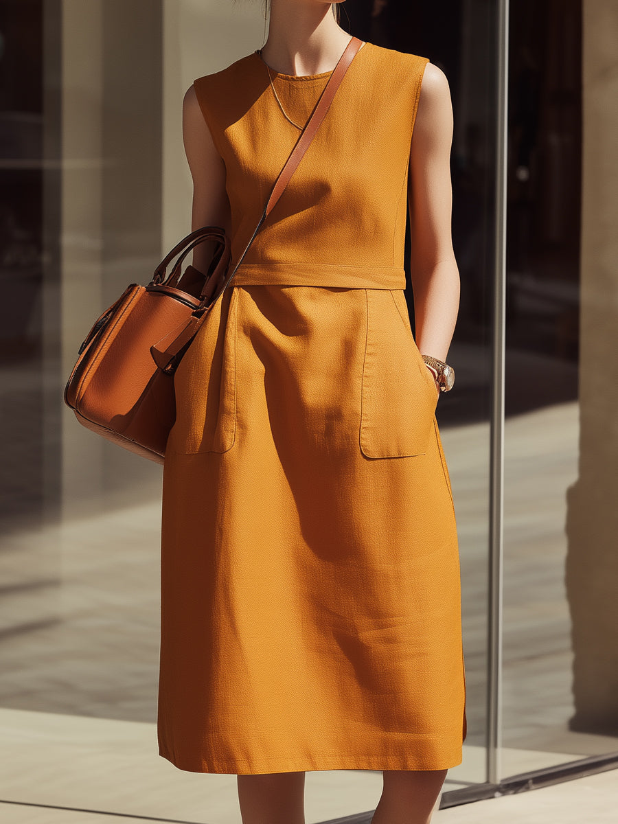 Sleeveless Structured Pocket Midi Dress In Warm Amber