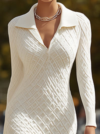 Elegant White Diamond-Pattern Knit Maxi Dress