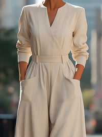 Belted Wide-Leg V-Neck Jumpsuit With Structured Sleeves