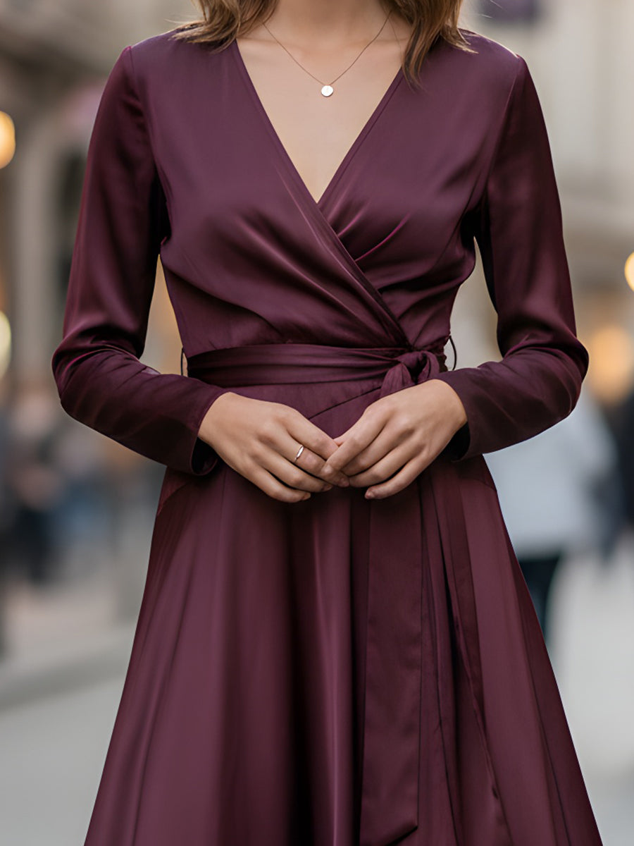 Burgundy Satin Wrap Midi Dress