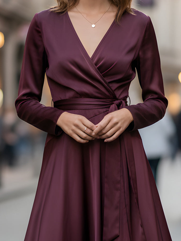 Burgundy Satin Wrap Midi Dress
