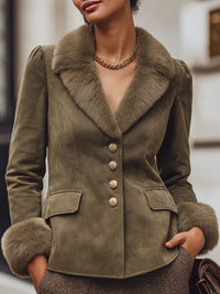 Olive Green Suede Blazer With Faux Fur Trim