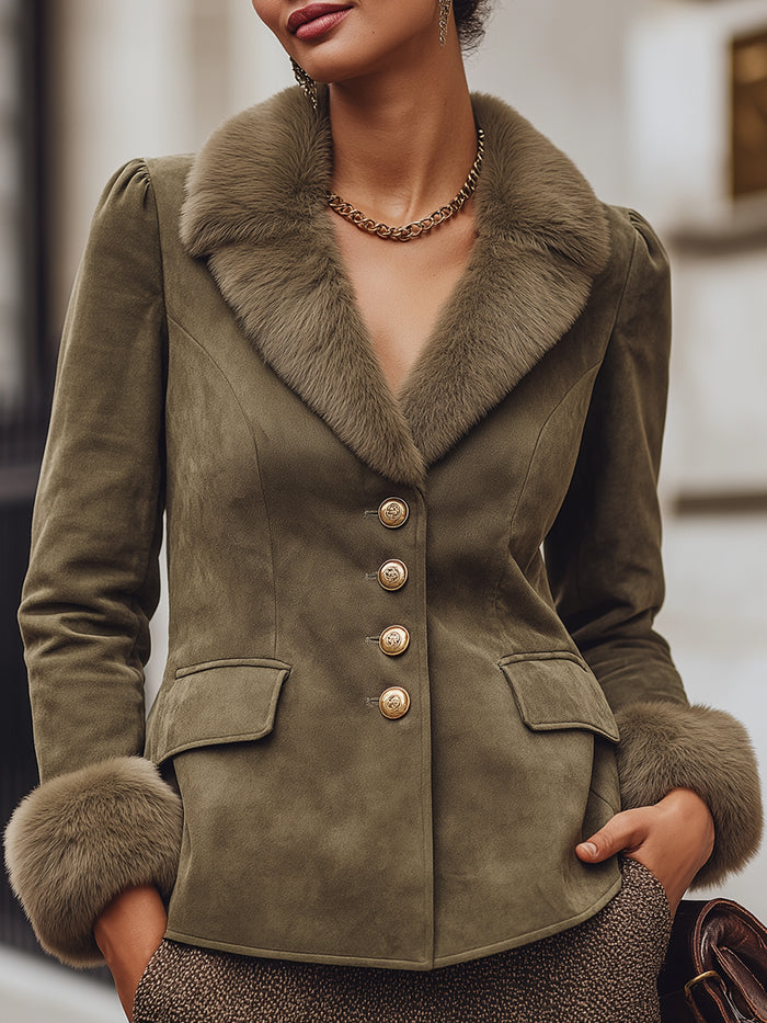 Olive Green Suede Blazer With Faux Fur Trim