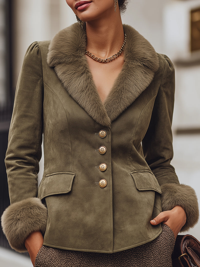 Olive Green Suede Blazer With Faux Fur Trim