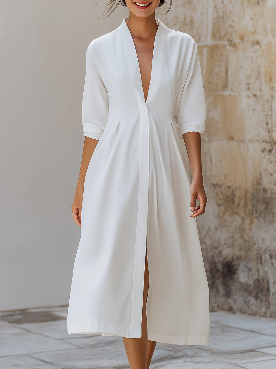 Minimalist Deep V-Neck Long Sleeve Midi Dress