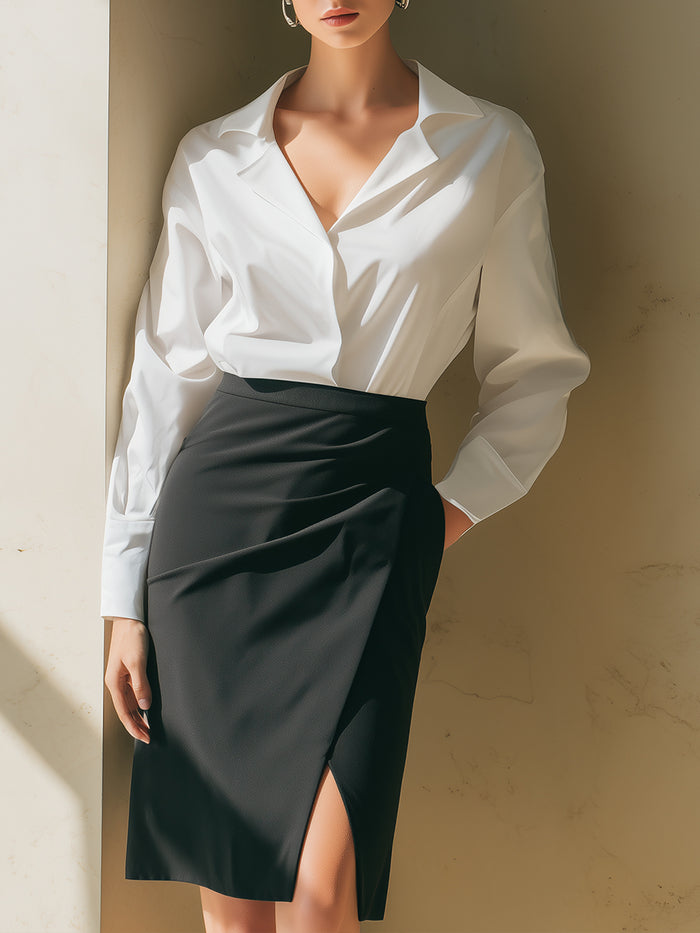 Classic White Blouse And Black Draped Skirt Set