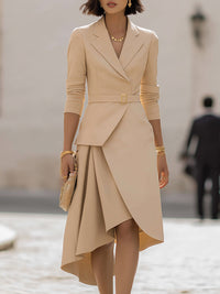 Asymmetric Blazer-Inspired Belted Midi Dress