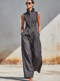 Modern Utility Sleeveless Zip-Up Wide-Leg Jumpsuit – Minimalist Chic Style