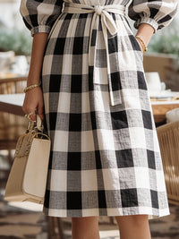 Gingham Wrap V-Neck Puff Sleeve Midi Dress