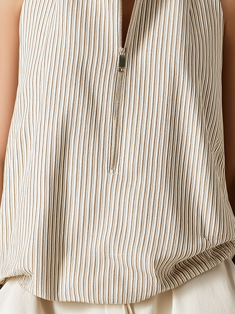 Sleeveless Pleated Zip-Front Stand Collar Top