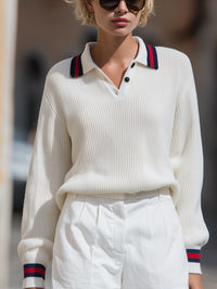 Ivory Knit Polo Sweater With Contrast Trim