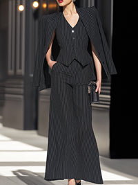 Elegant Pinstripe Suit Vest Wide-leg Pants Three-piece Suit