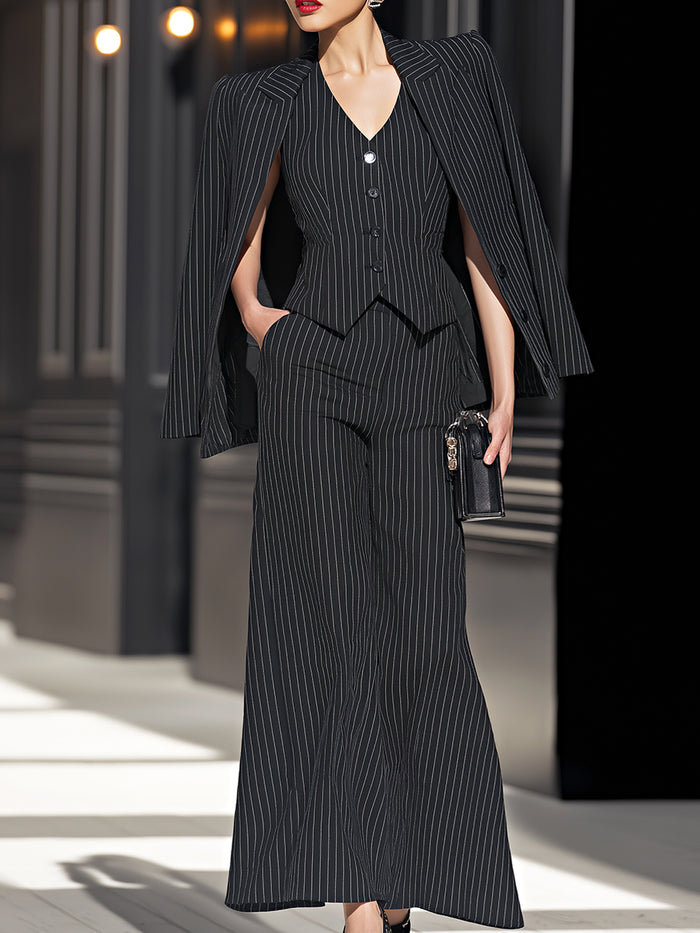 Elegant Pinstripe Suit Vest Wide-leg Pants Three-piece Suit