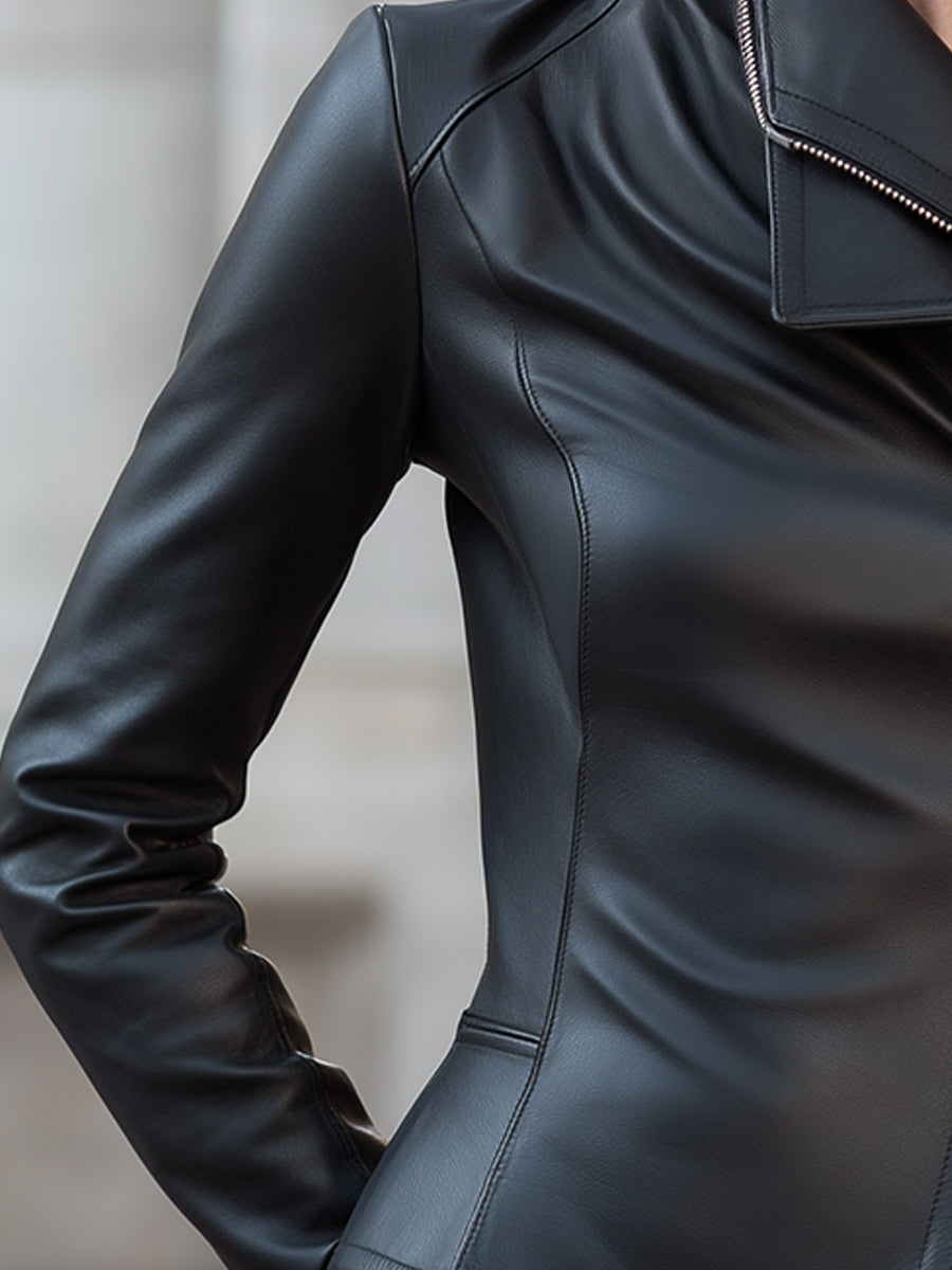 Sleek Asymmetrical Zip Faux Leather Tailored Jacket