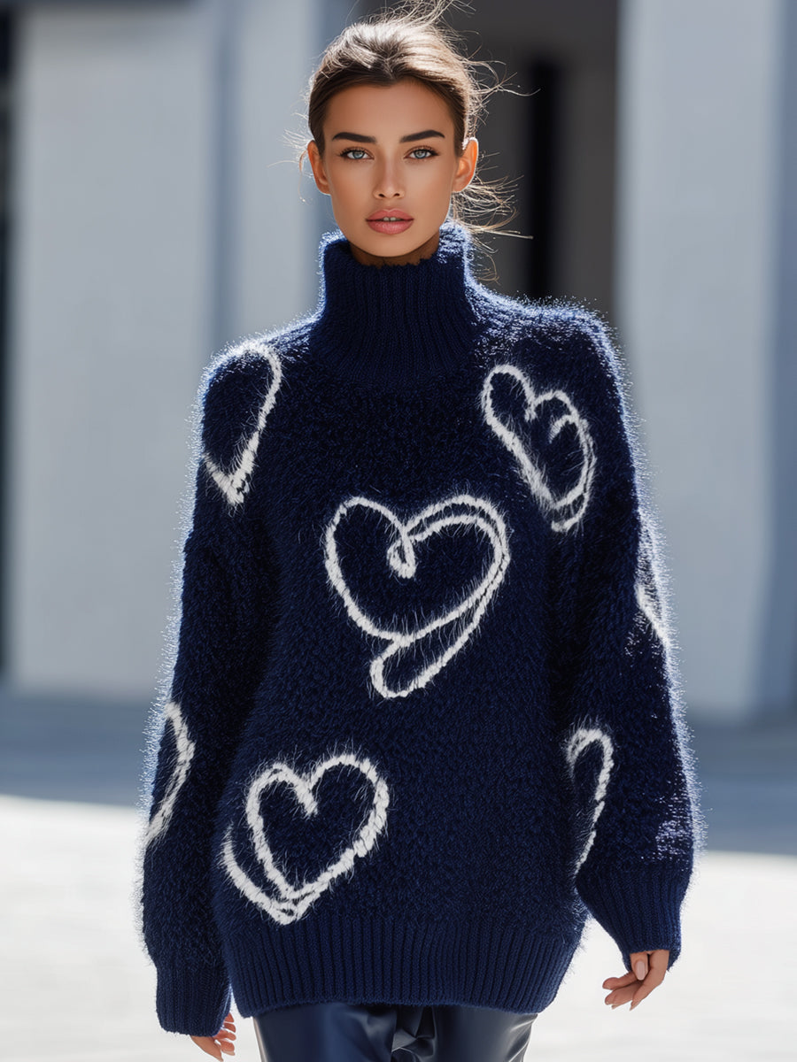Cozy Heart Pattern Turtleneck Sweater