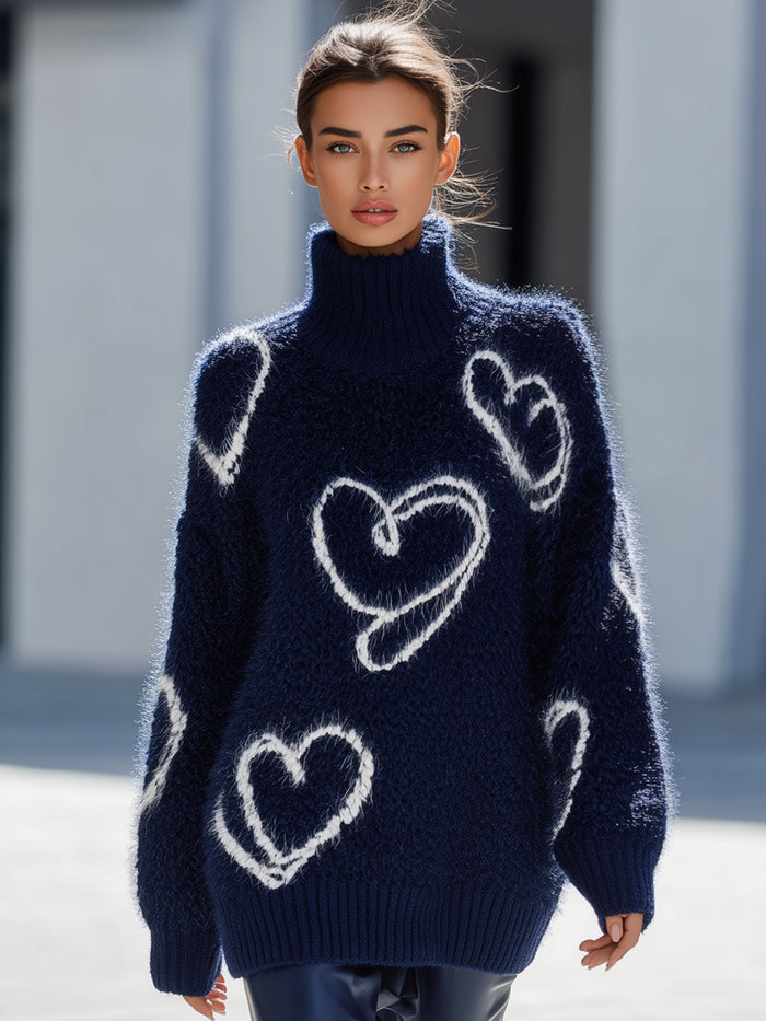 Cozy Heart Pattern Turtleneck Sweater