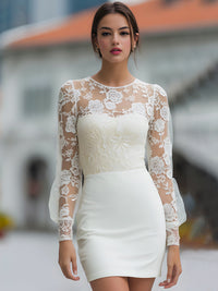 Floral Lace Sheer-Sleeve Bodycon Mini Dress