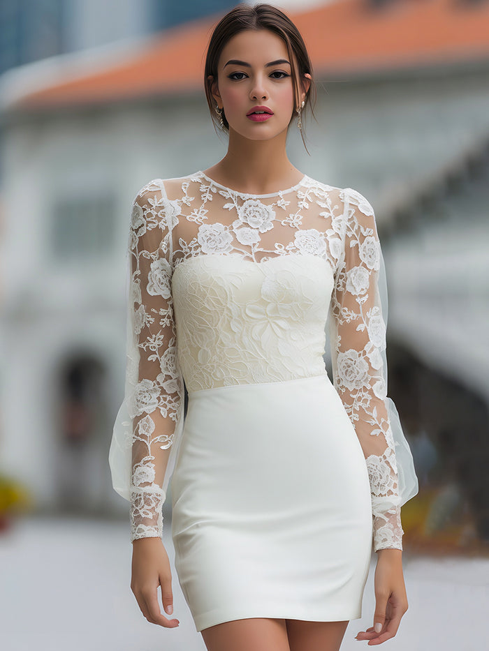 Floral Lace Sheer-Sleeve Bodycon Mini Dress