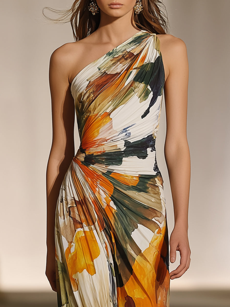 One-Shoulder Abstract Print Draped Maxi Dress