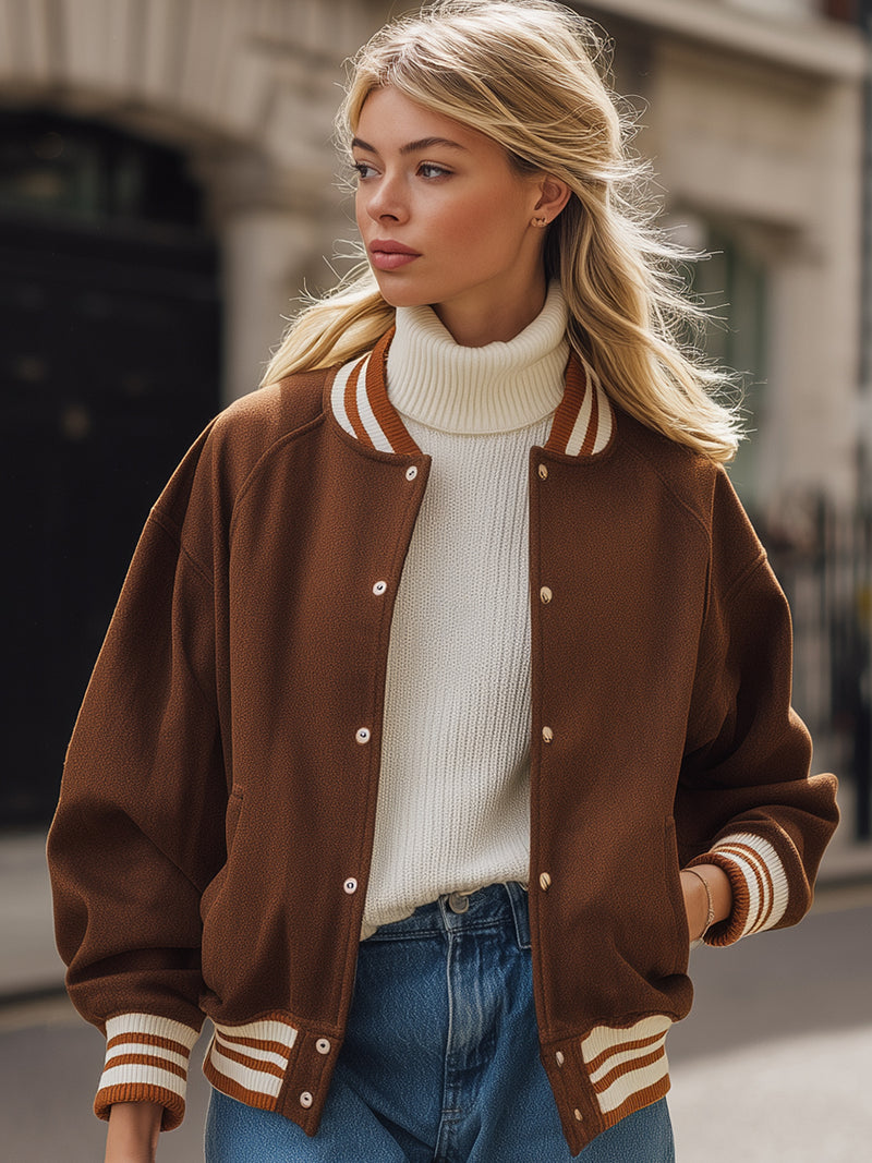 Brown Varsity-Style Bomber Jacket