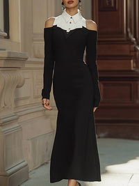 Cold-Shoulder Contrast Collar Maxi Dress