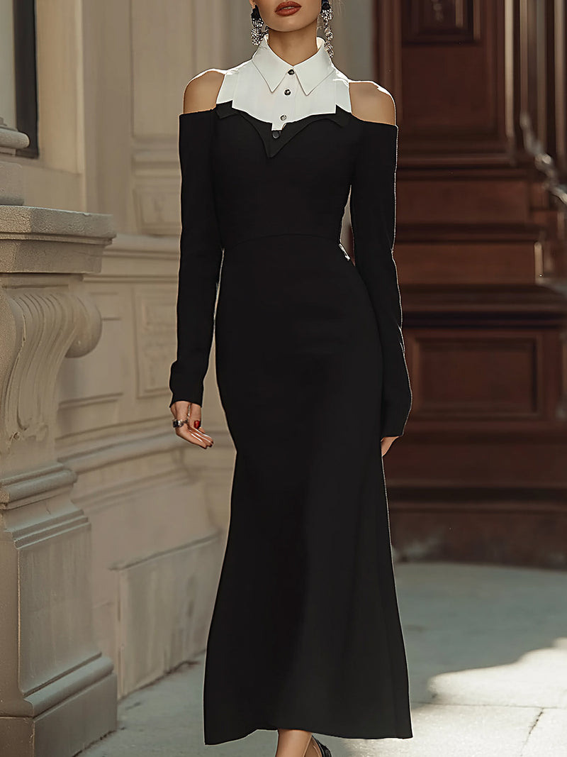 Cold-Shoulder Contrast Collar Maxi Dress
