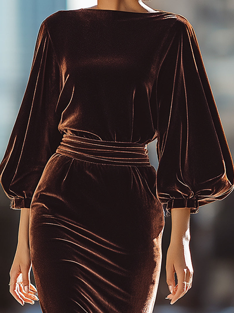 Mocha Velvet Draped Midi Dress